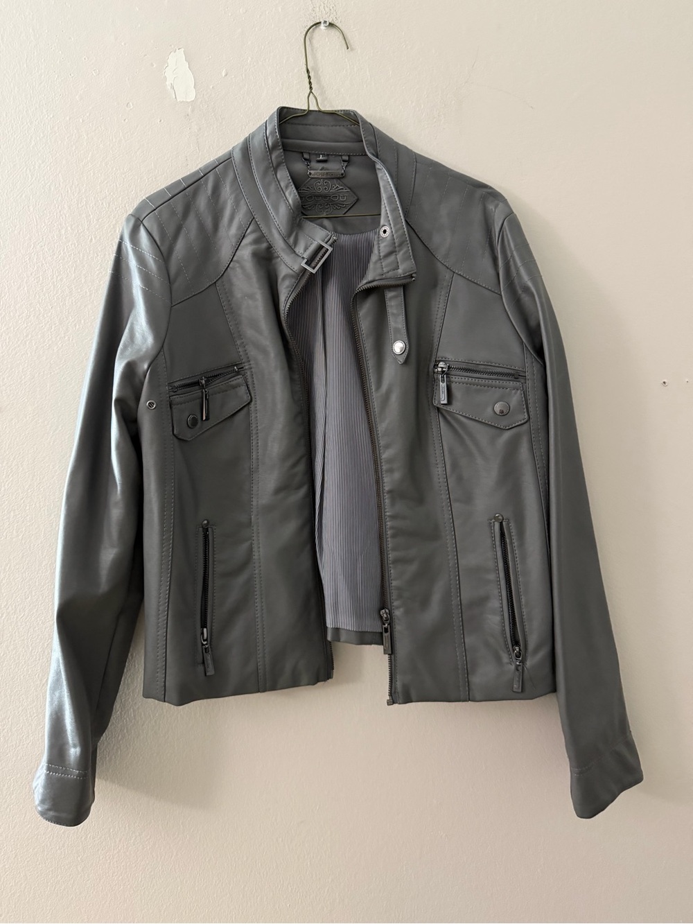 Women's Grey Faux Leather Biker Jacket